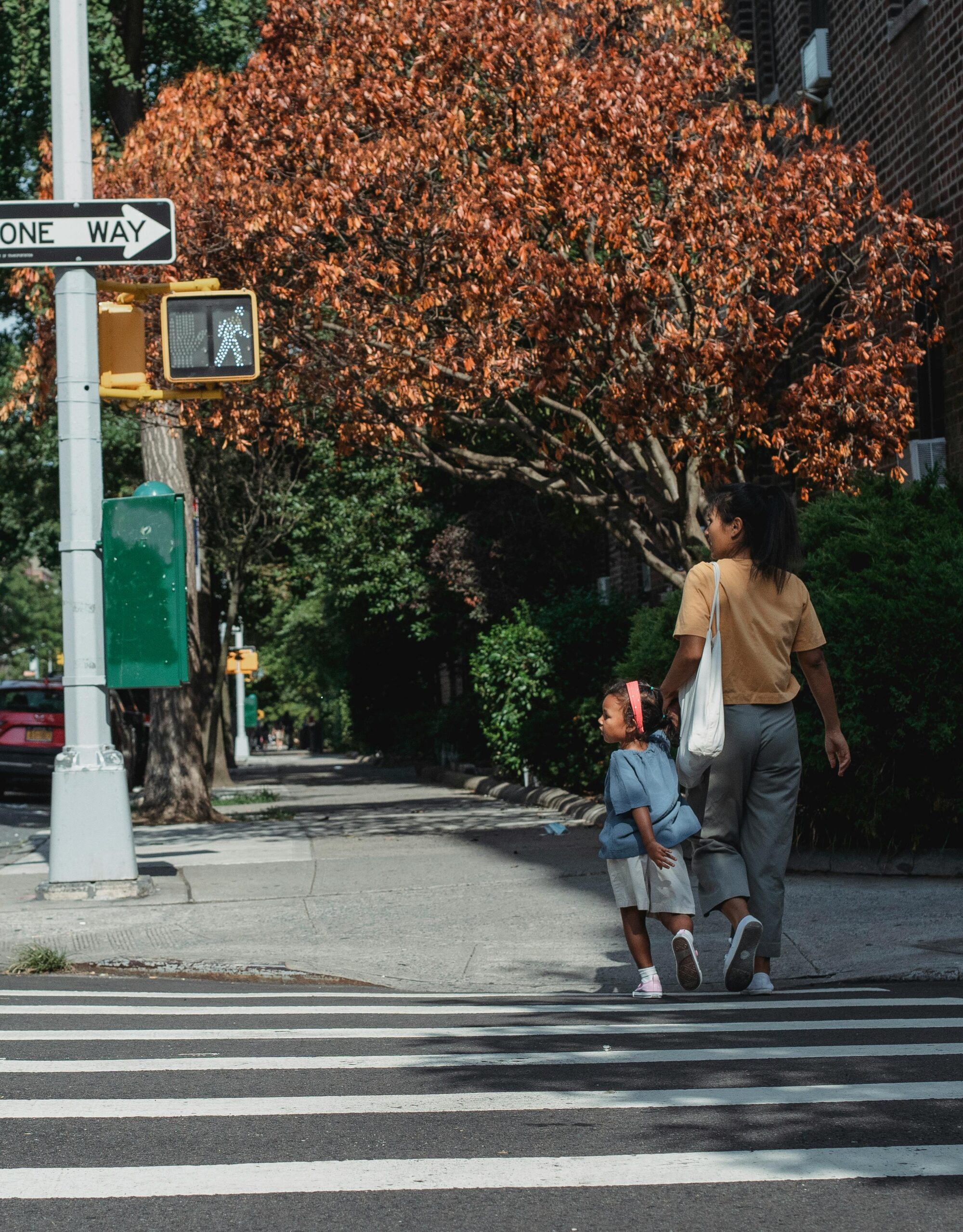 Mother and child walking in a crosswalk