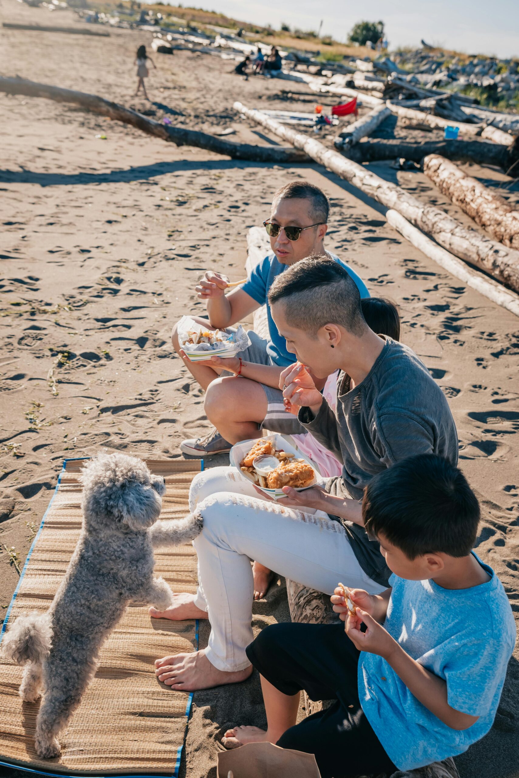 Family sitting on a log while eating snacks