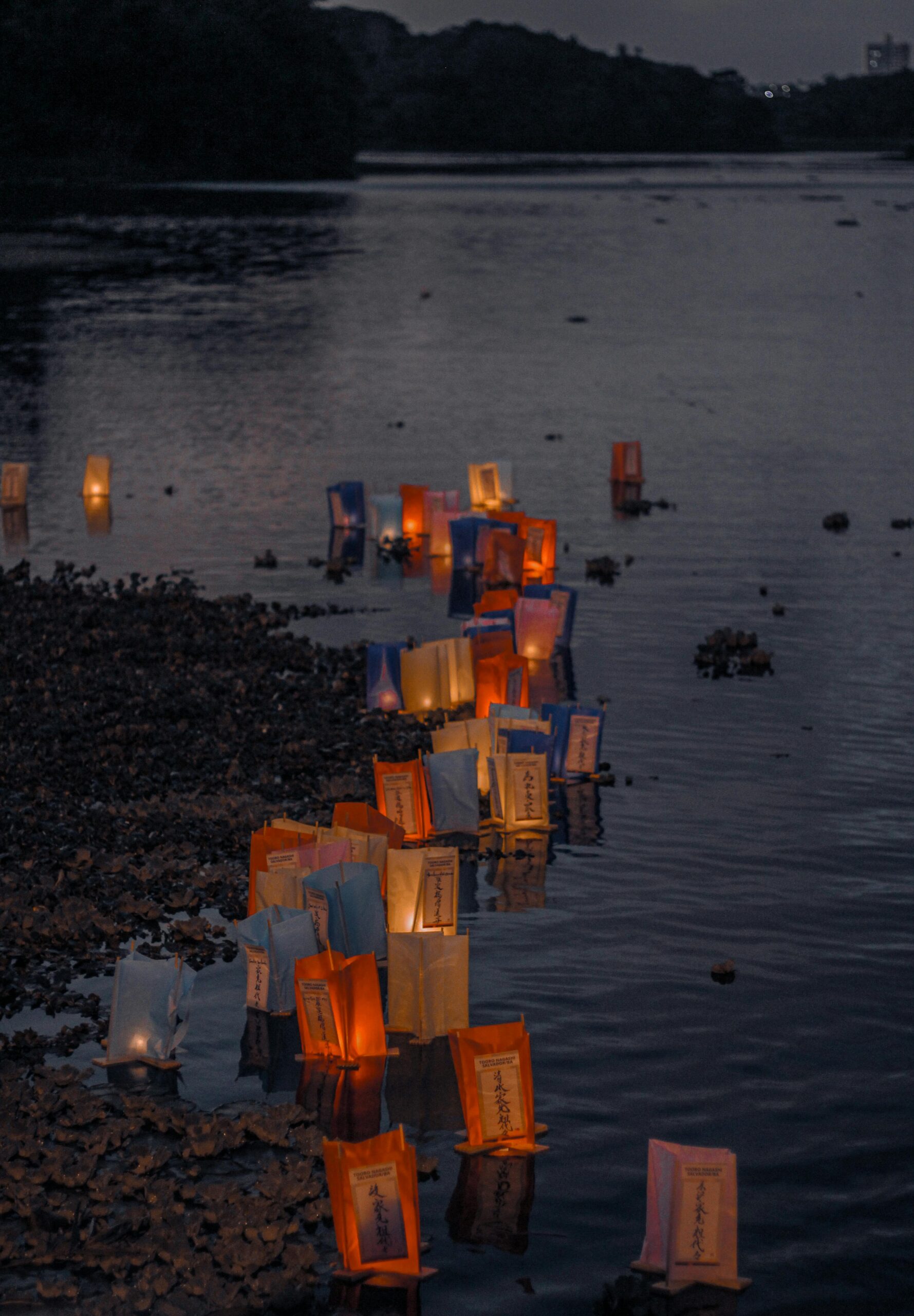 Legacy lanterns in water by shore