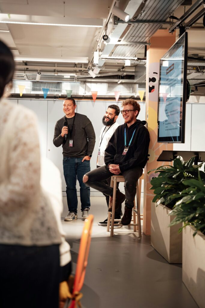 Staff meeting with upbeat business leaders